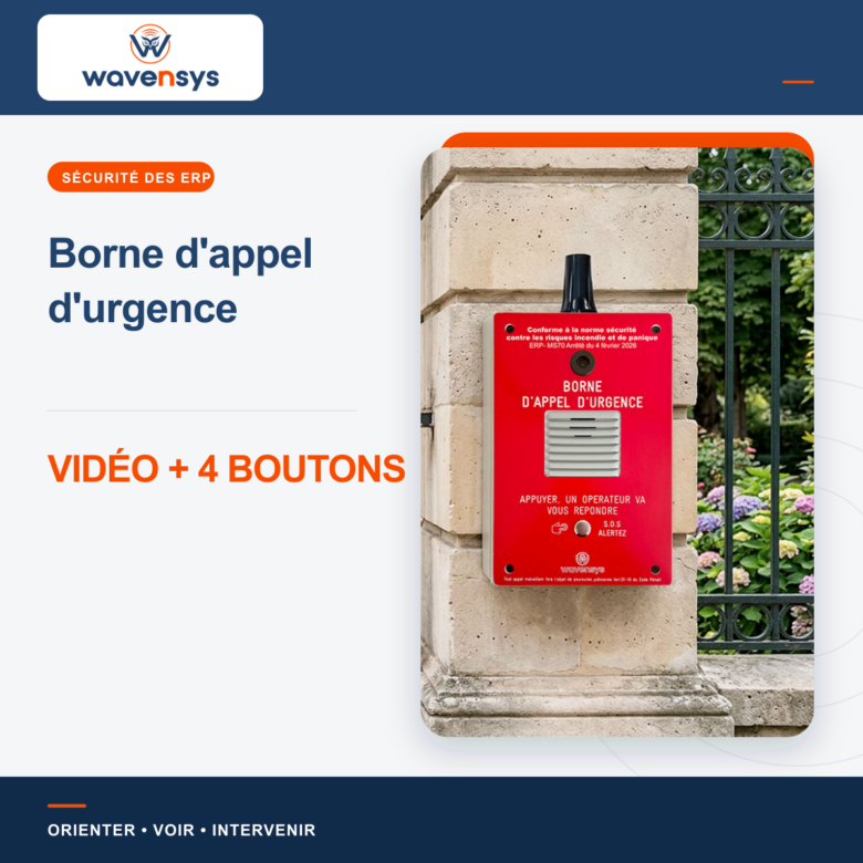 Borne d’appel d’urgence Wavensys avec vidéo et quatre boutons pour ERP